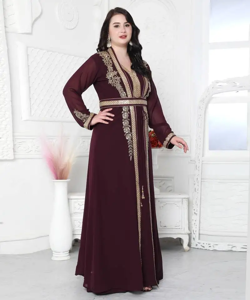 Floral pattern golden hand embellished kaftan dress