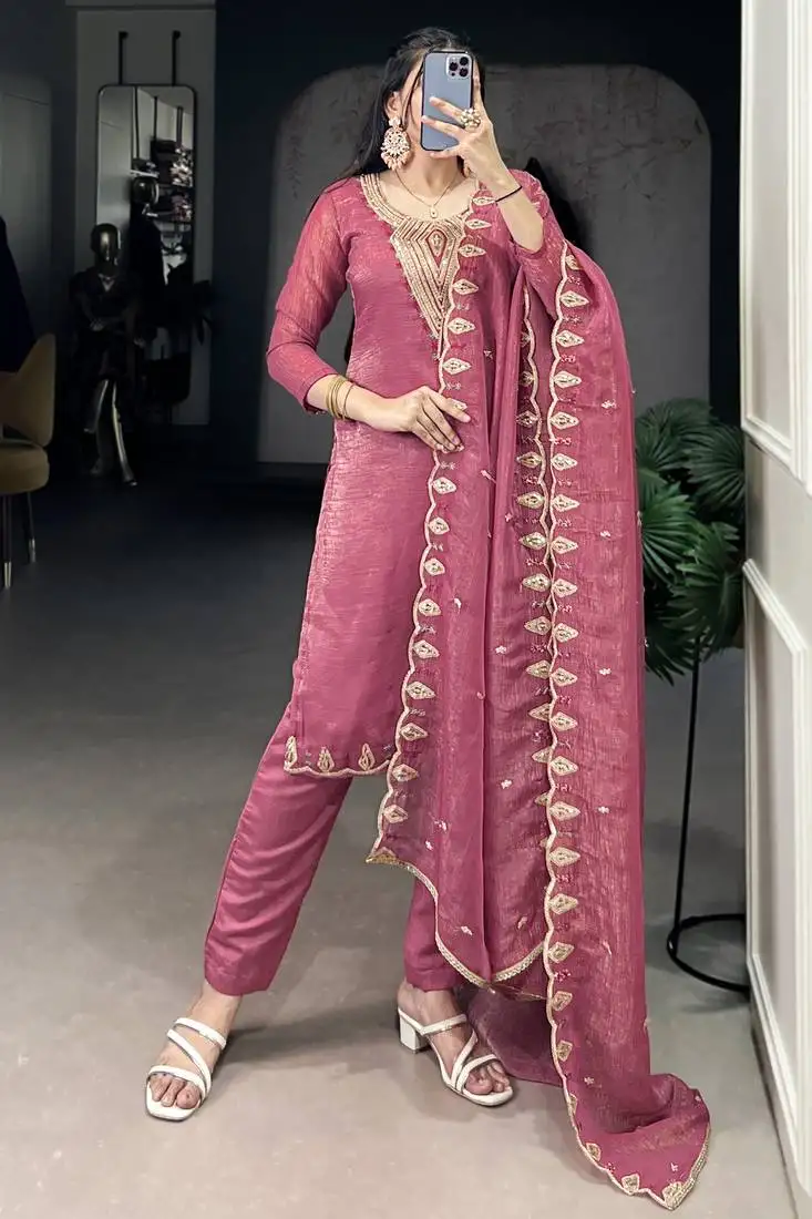 Gleaming pink organza thread embroidered festival wear straight suit stitched