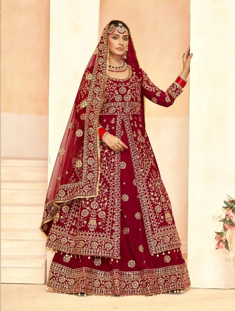 Velvet long top salwar suit with skirt semi stitched