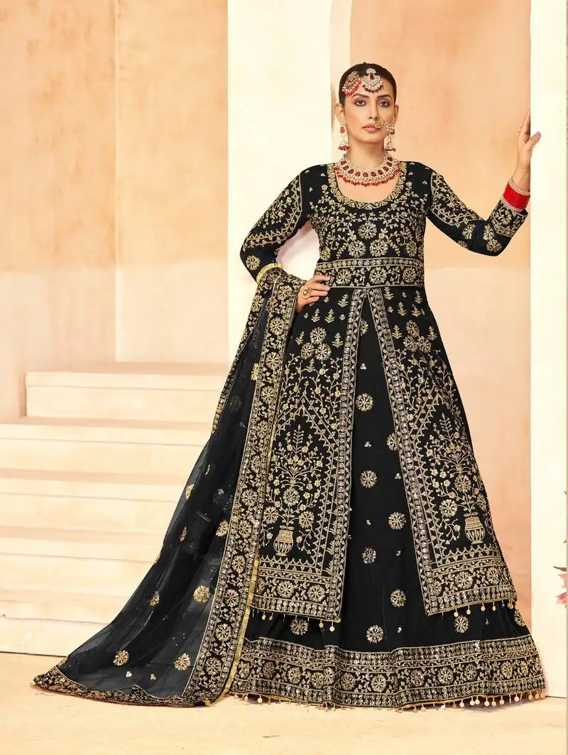 Balck velvet long top salwar suit with skirt semi stitched