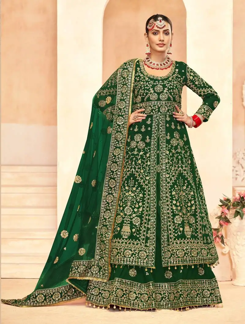Green velvet long top salwar suit with skirt semi stitched