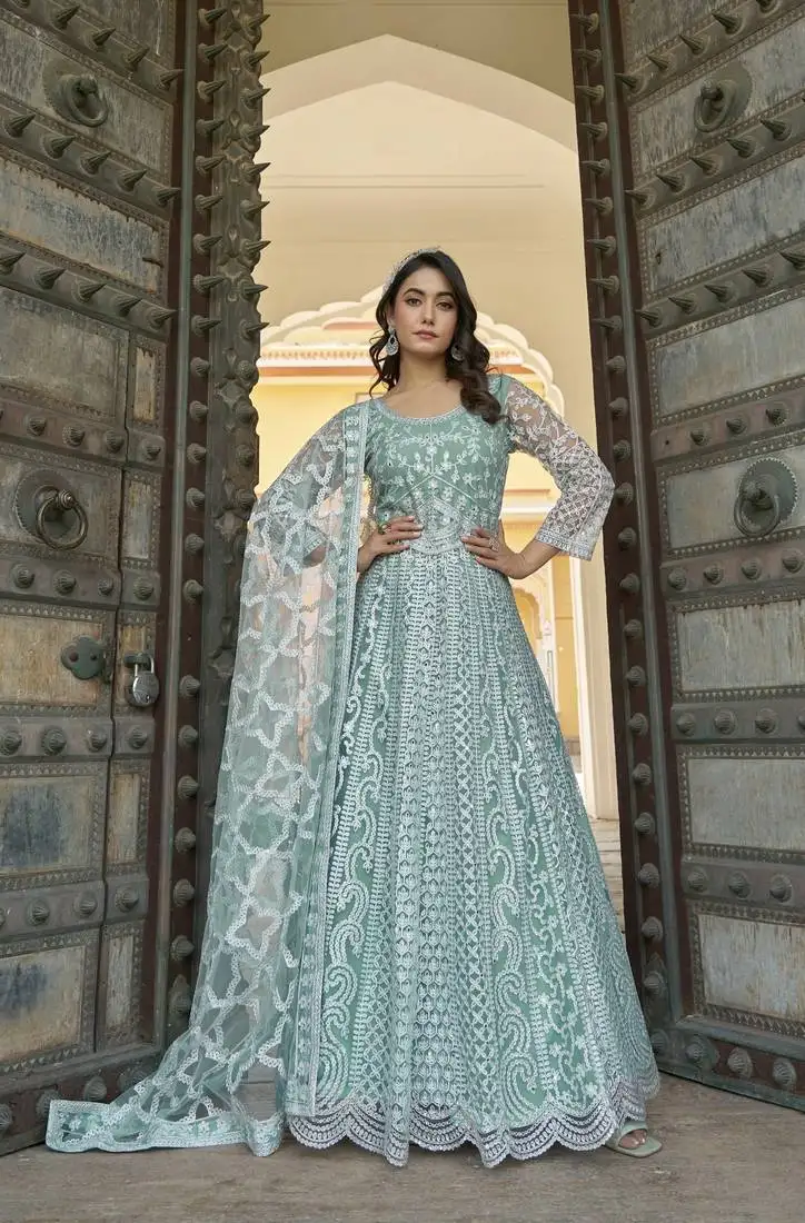 Sky blue net long anarkali salwar suit gown semi stitched