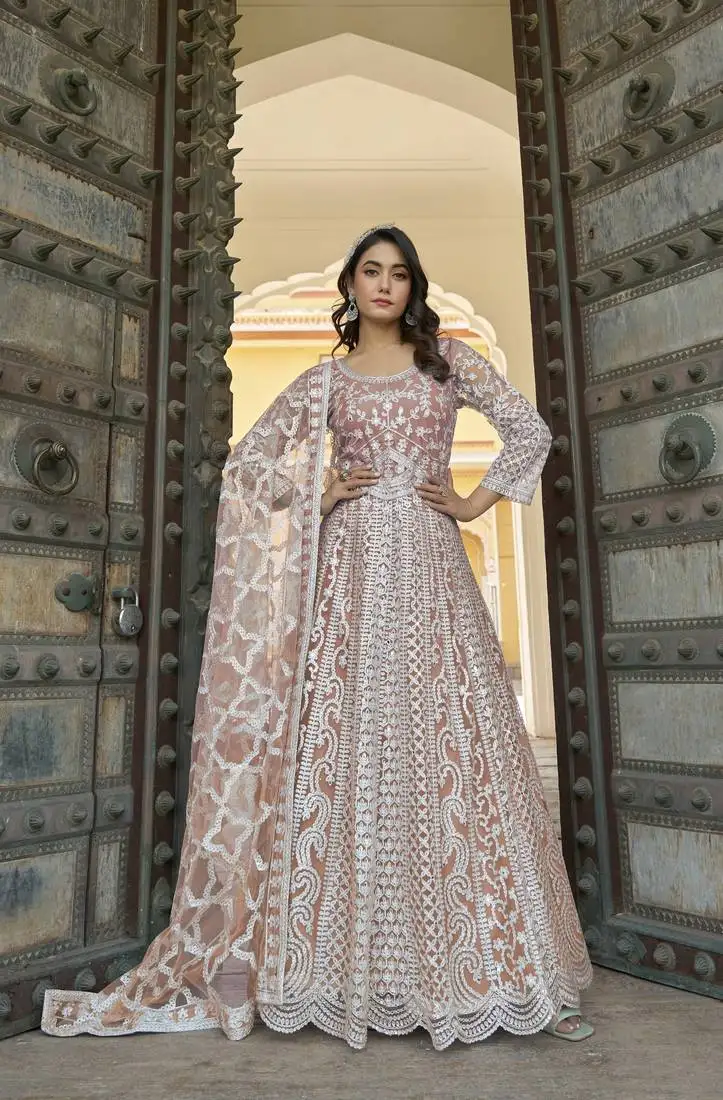 Orange net long anarkali salwar suit gown semi stitched