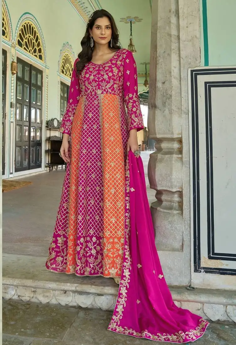 Rani pink net long anarkali salwar suit gown semi stitched