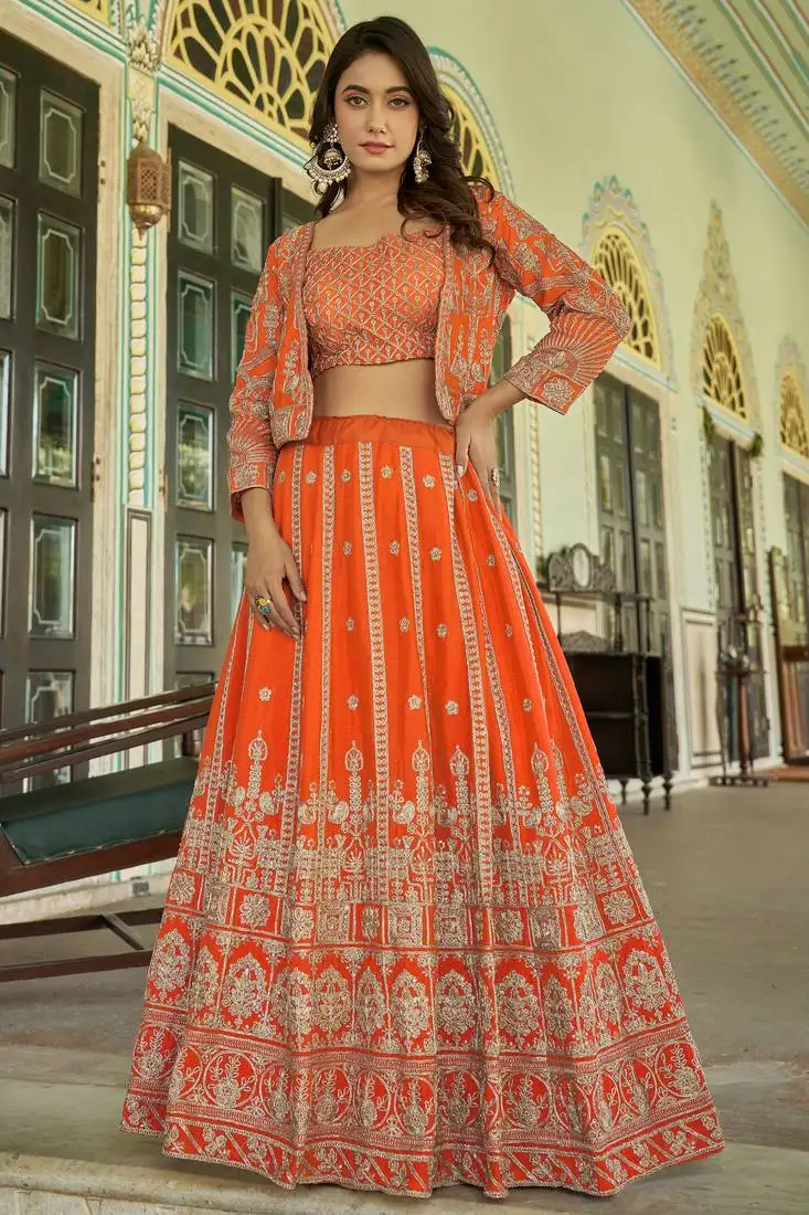 Orange chinon ready made designer lehenga choli with koti
