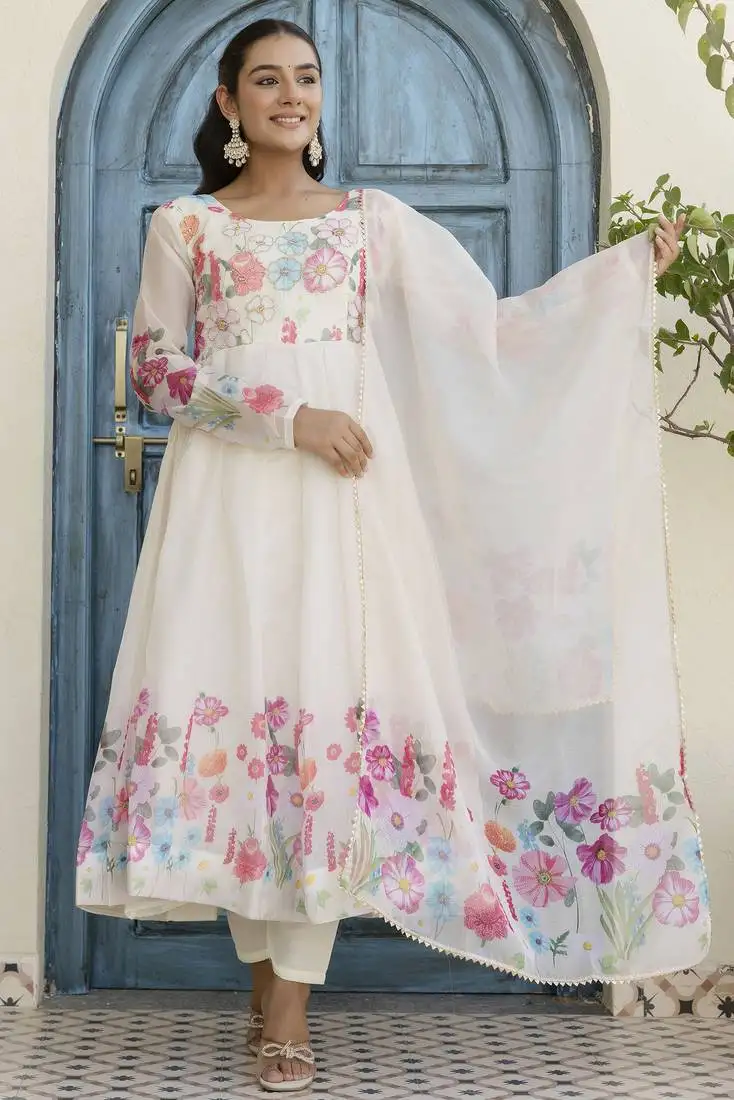 White organza floral printed festive wear anarkali suit stitched