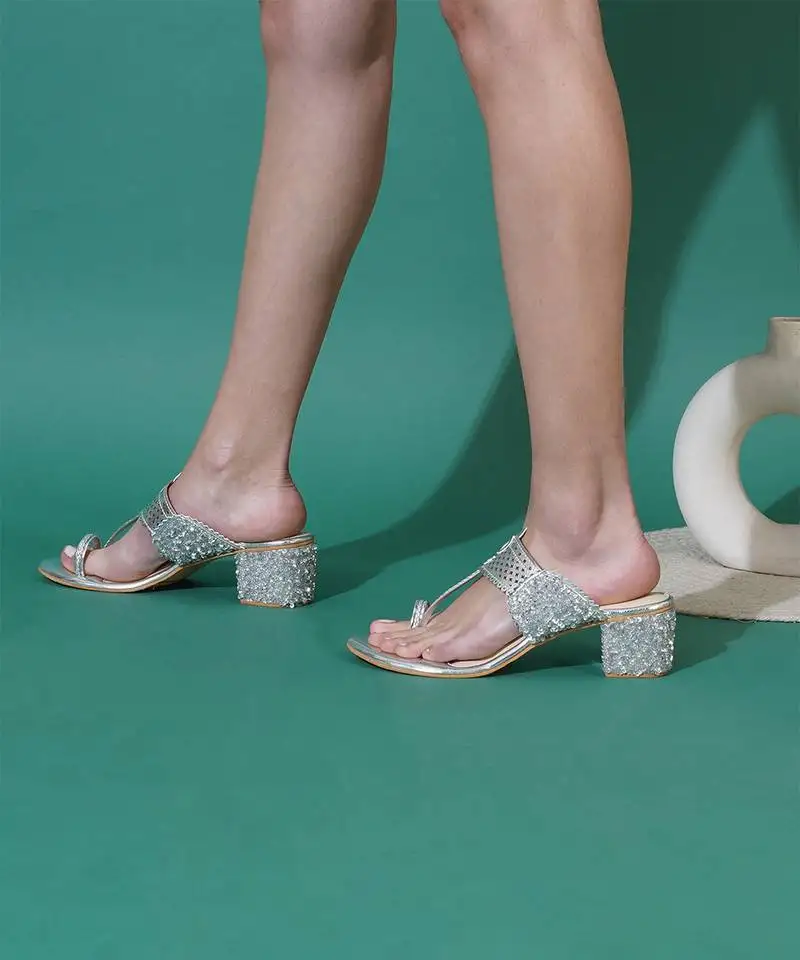 Silver embroidered kolhapuri block heels