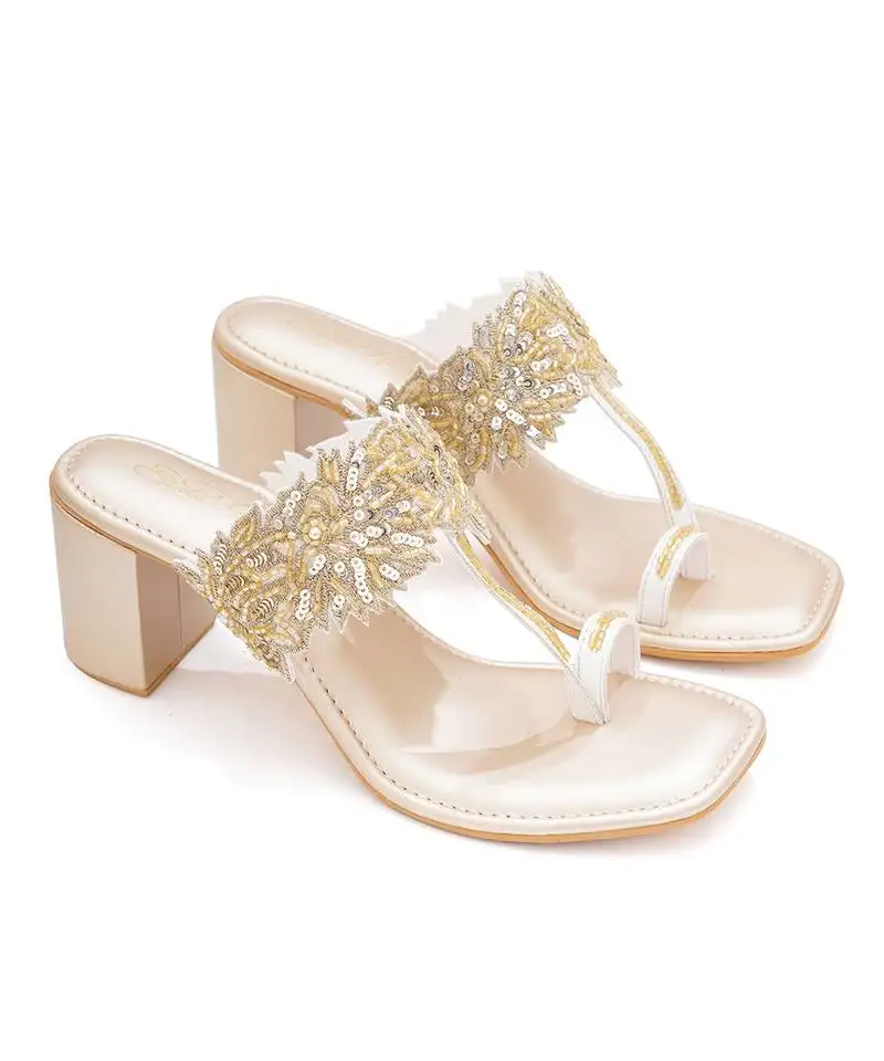 Gold embroidered kolhapuri block heels