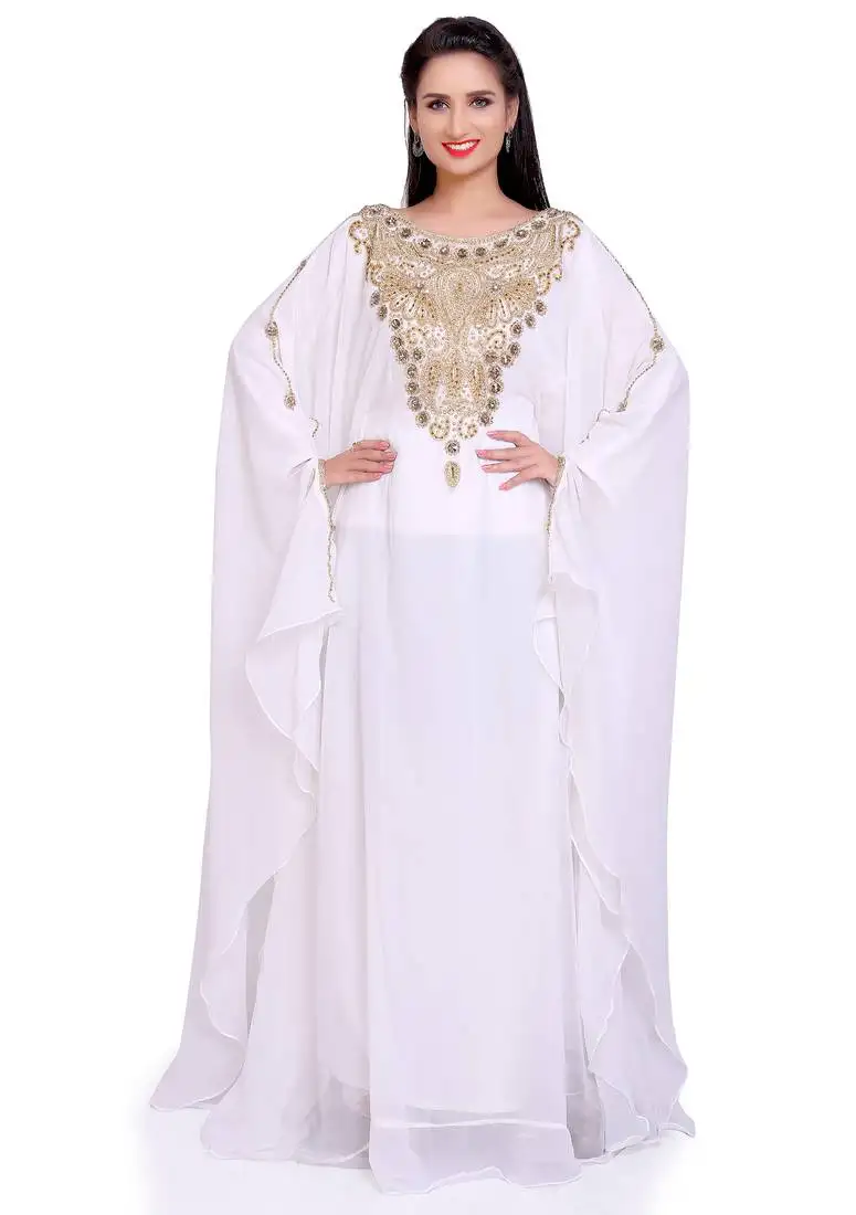 Elegant white & gold embellished stitched handwork kaftan – royal style for every occasion