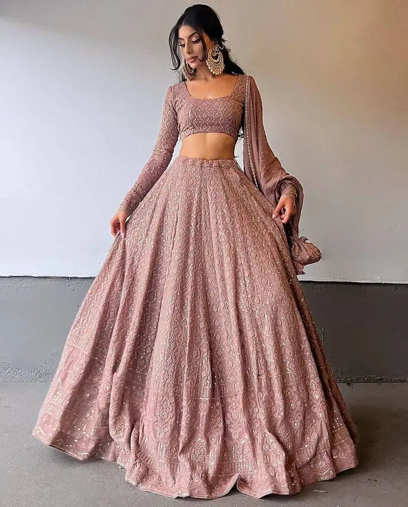 Mauve pink georgette lucknowi embroidery work lehenga choli