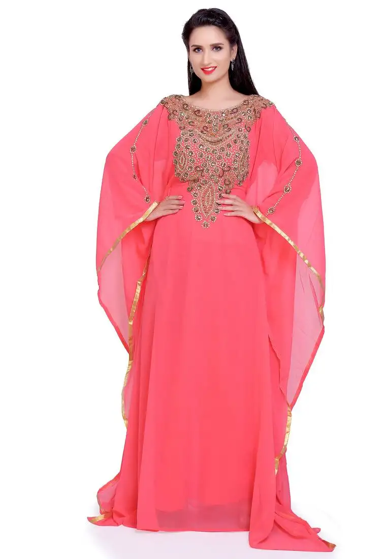 Glamorous peach designer stitched kaftan with golden handwork embroidery – perfect for weddings & celebrations