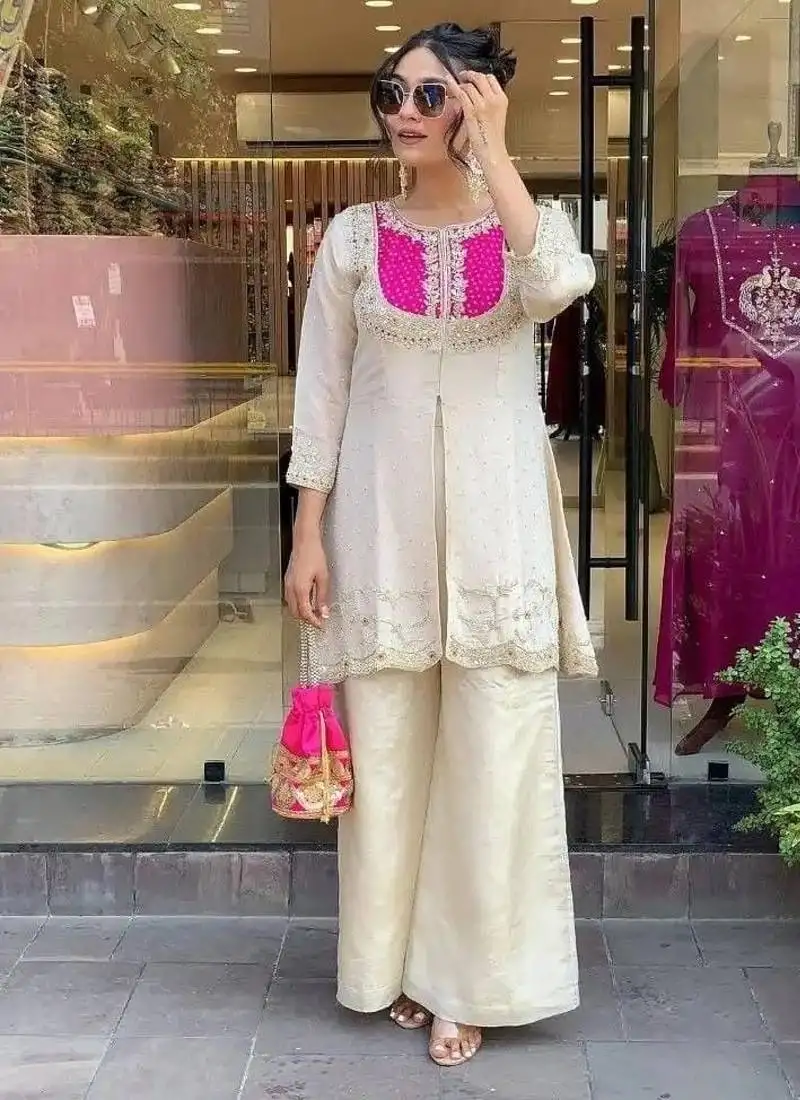 Pink silk embroidered kurti palazzo stitched