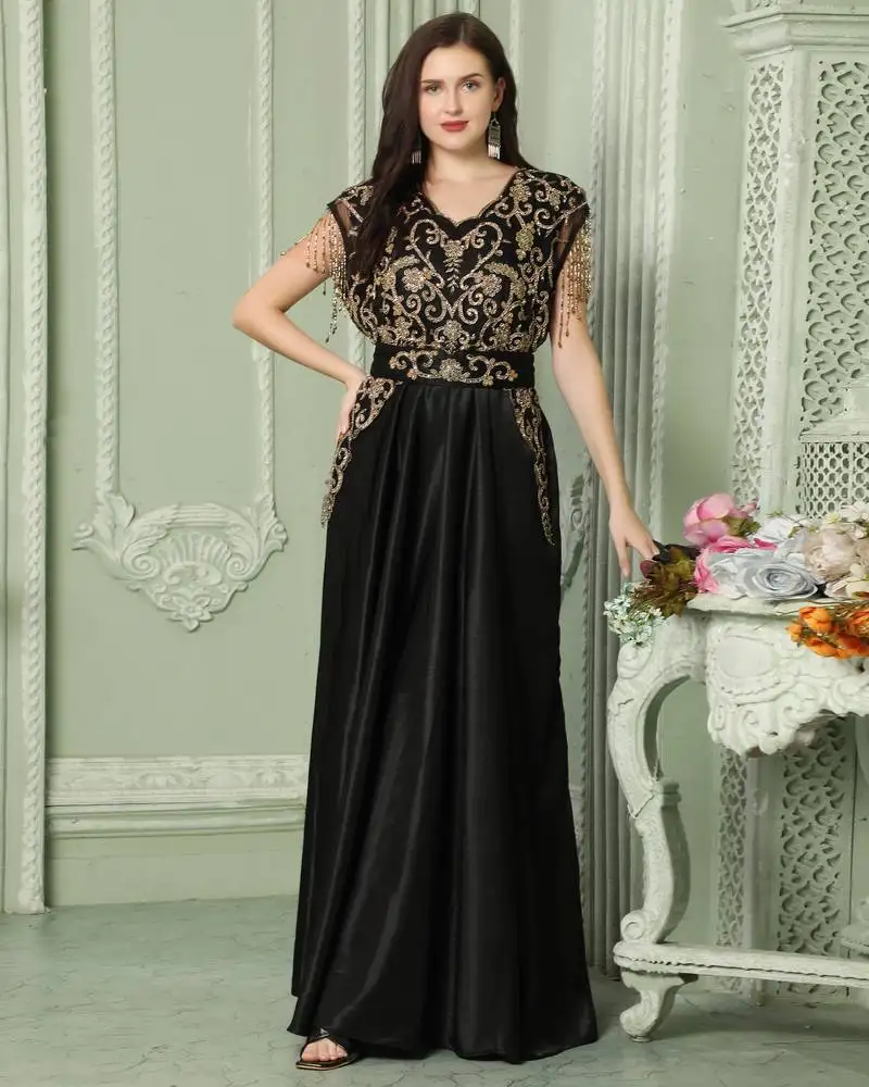 Designer sleeve-less jalabiya kaftan with intricate gold embroidery