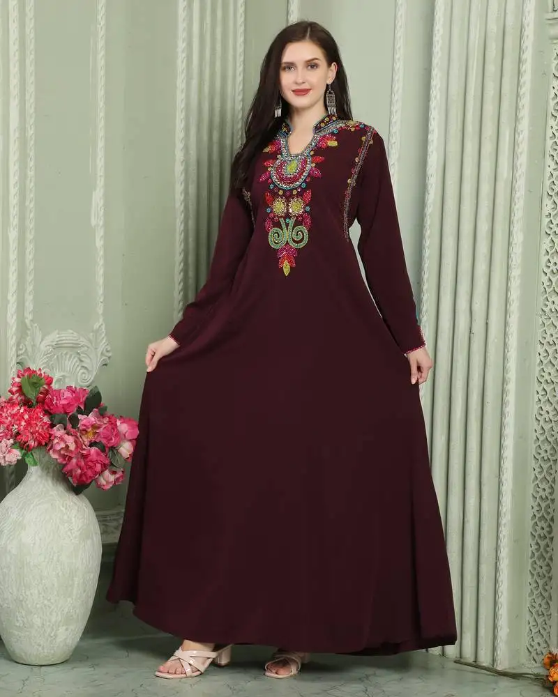 Designer-wear velvet kaftan with multicolor embroidered sleeves