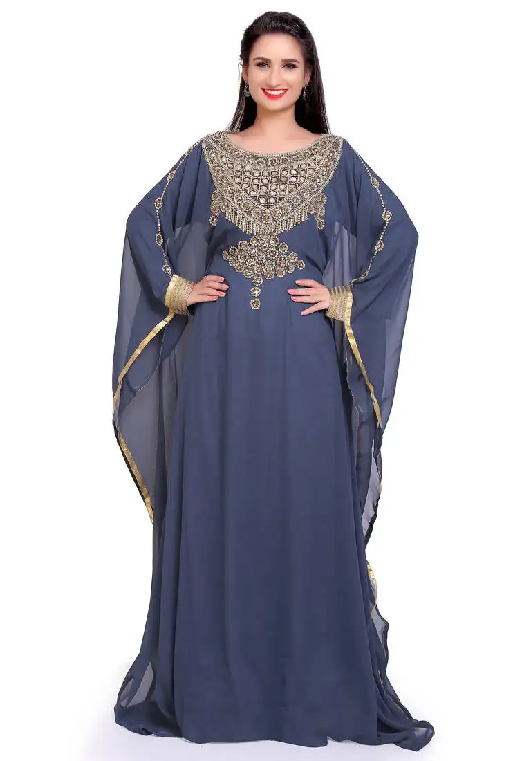 Elegant navy blue stitched kaftan with golden handwork embellishments – royal & graceful