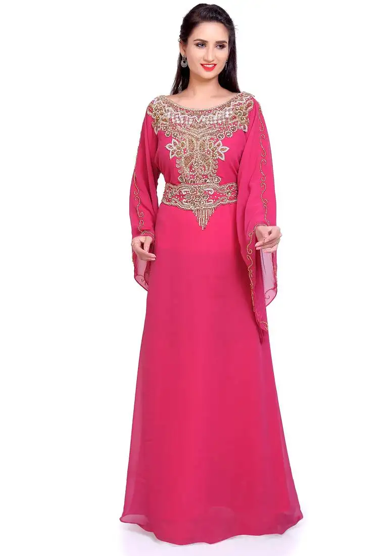 Stylish designer pink stitched kaftan with golden handwork embroidery – perfect for weddings & parties