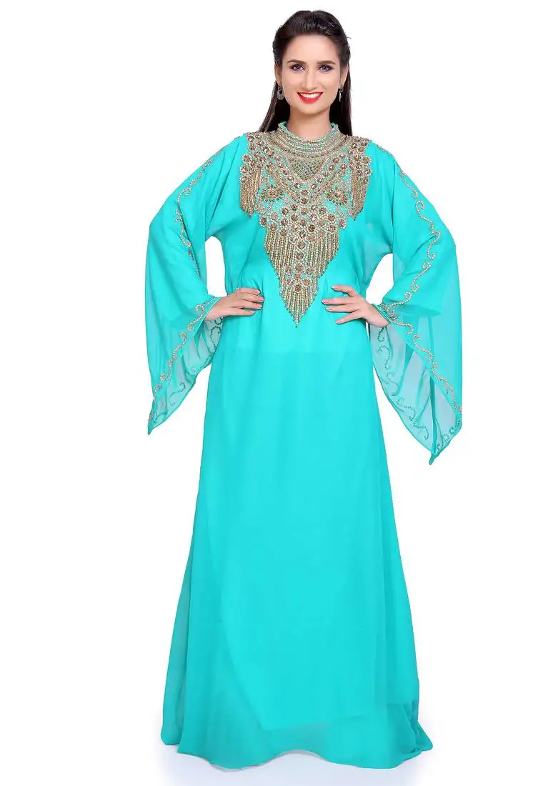 Ferozi stitched kaftan with heavy golden handwork embroidery – elegant party wear