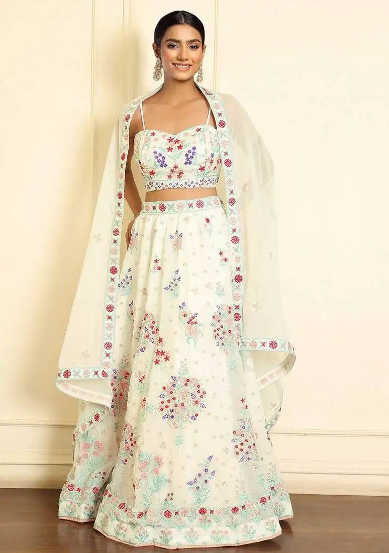 Glamorous off white thread embroidered georgette lehenga set