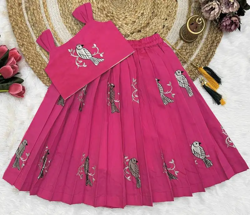 Kids rani pink new south indian traditional pattu pavadai jacquard lehenga choli for girls dress