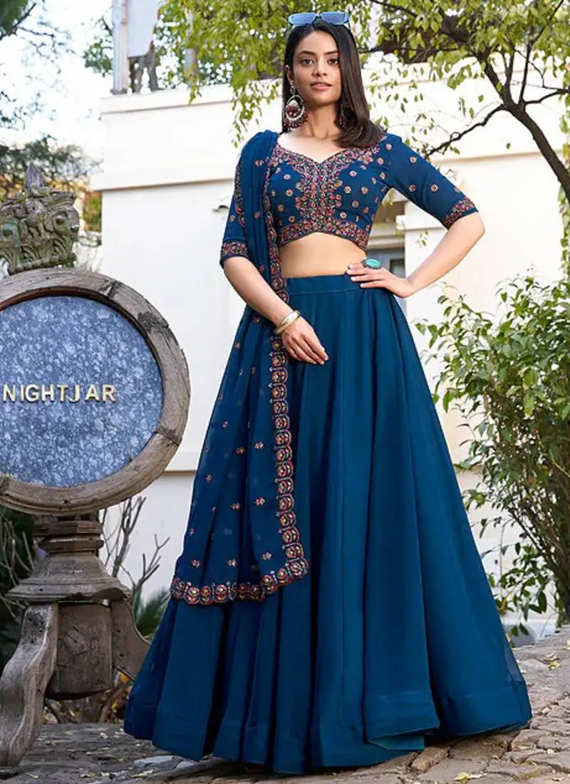 Teal blue georgette plain lehenga with thread embroidery work blouse and dupatta