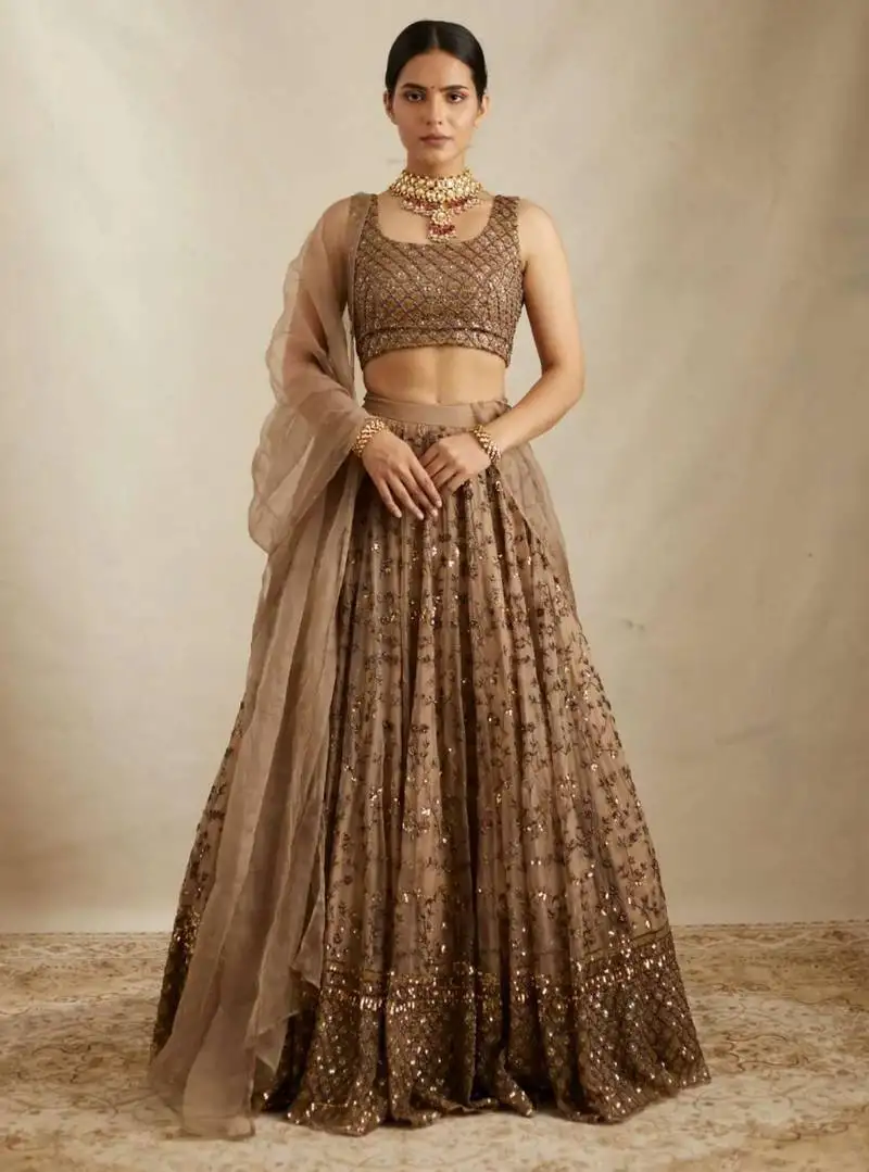Brown sequin embroidered net lehenga choli