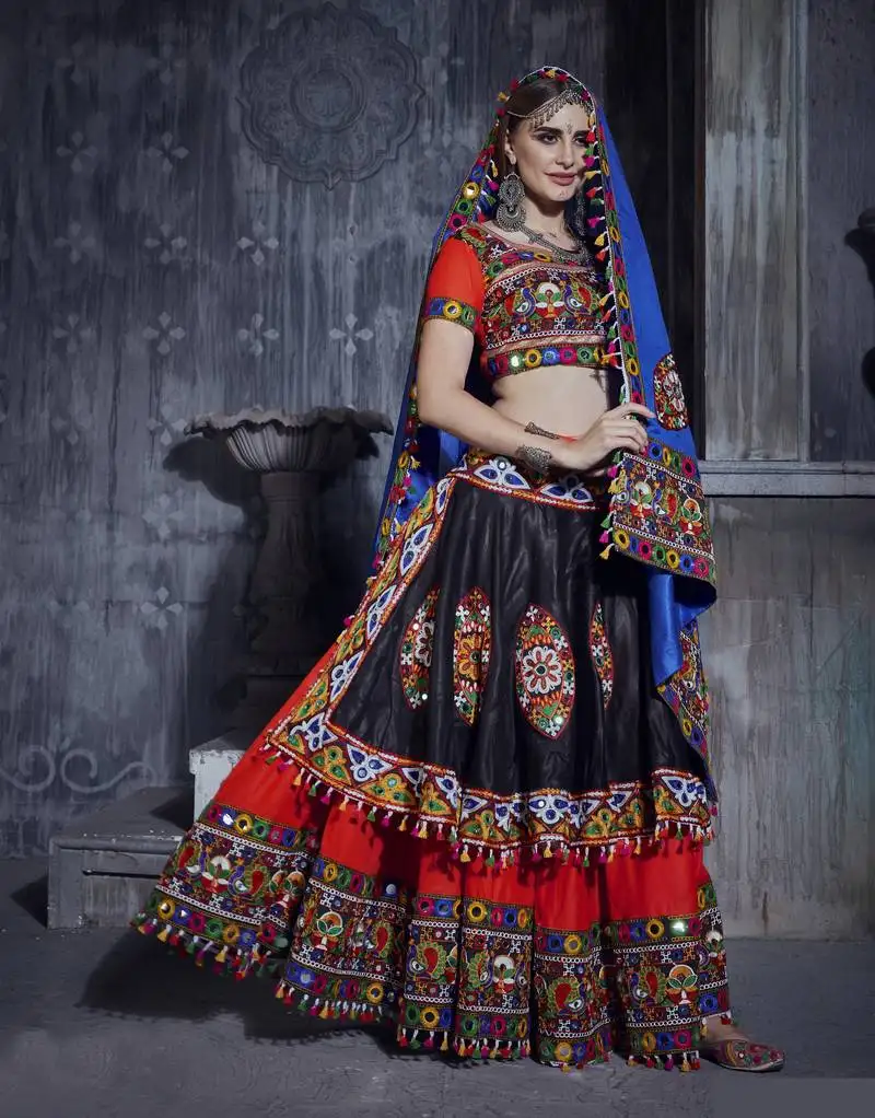 Red and black designer special gamthi work lehenga choli with traditional dupatta for this navratri