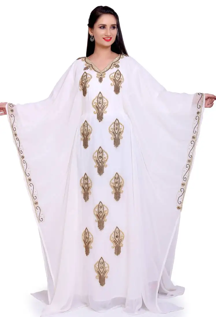 Elegant white stitched designer kaftan with golden motif embroidery – festive & party wear