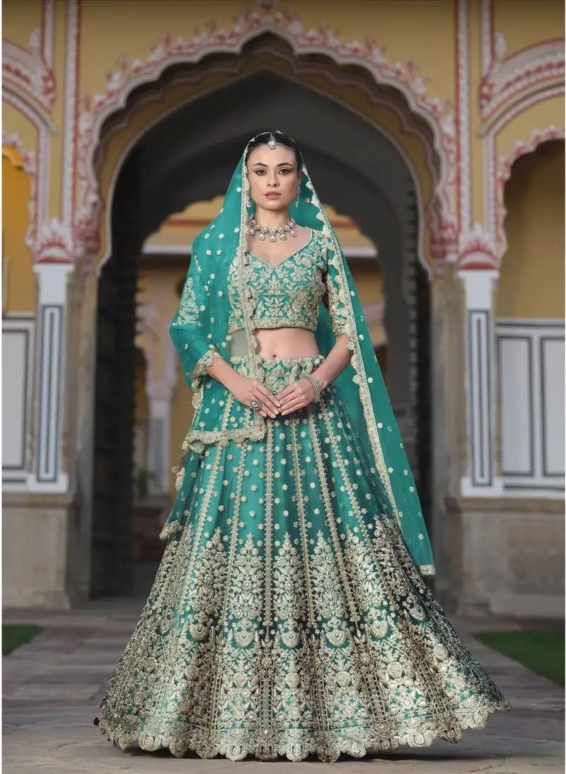 Indian wedding bridal wear net teal green lehenga choli semi stitched embroidery sequence work