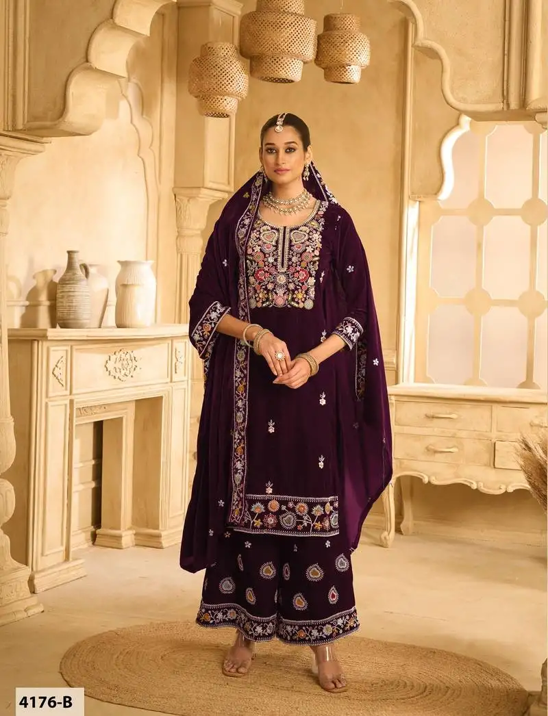 Purple velvet sharara salwar suit semi stitched