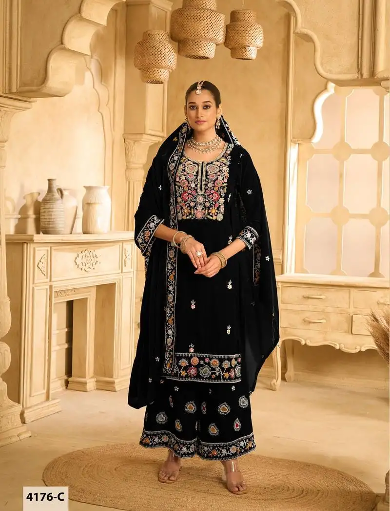 Black velvet sharara salwar suit semi stitched