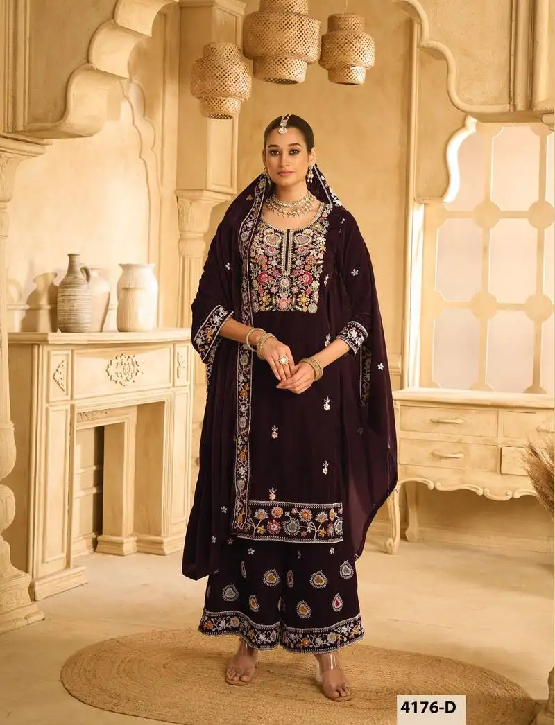 Brown velvet sharara salwar suit semi stitched