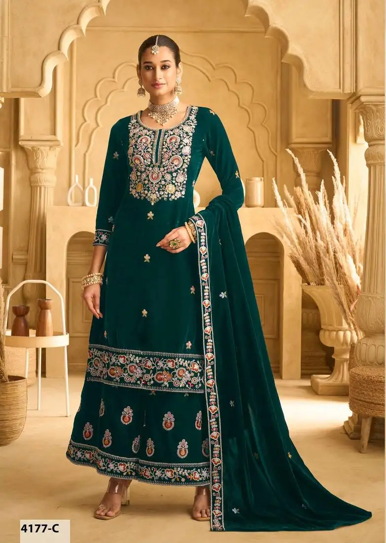 Green velvet sharara salwar suit semi stitched