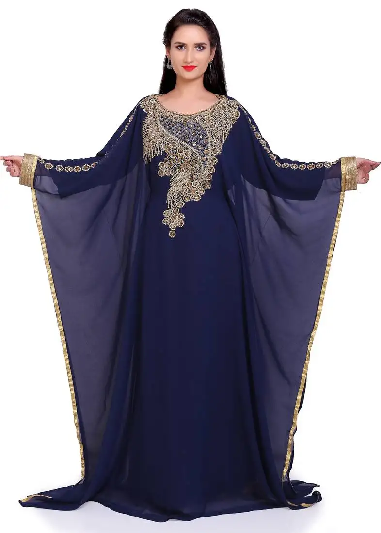 Royal navy blue stitched kaftan with golden handwork embroidery – elegant party wear