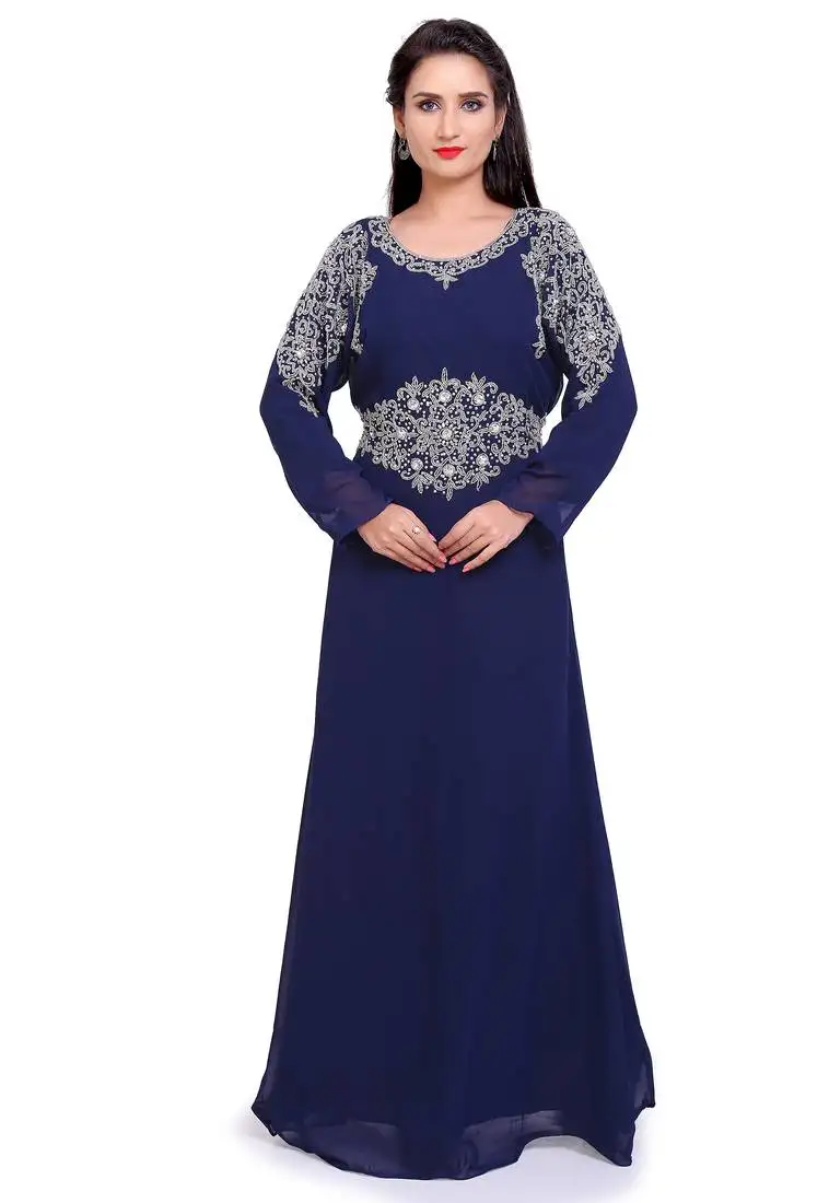 Luxury navy blue stitched handwork embroidered kaftan – comfortable & stylish
