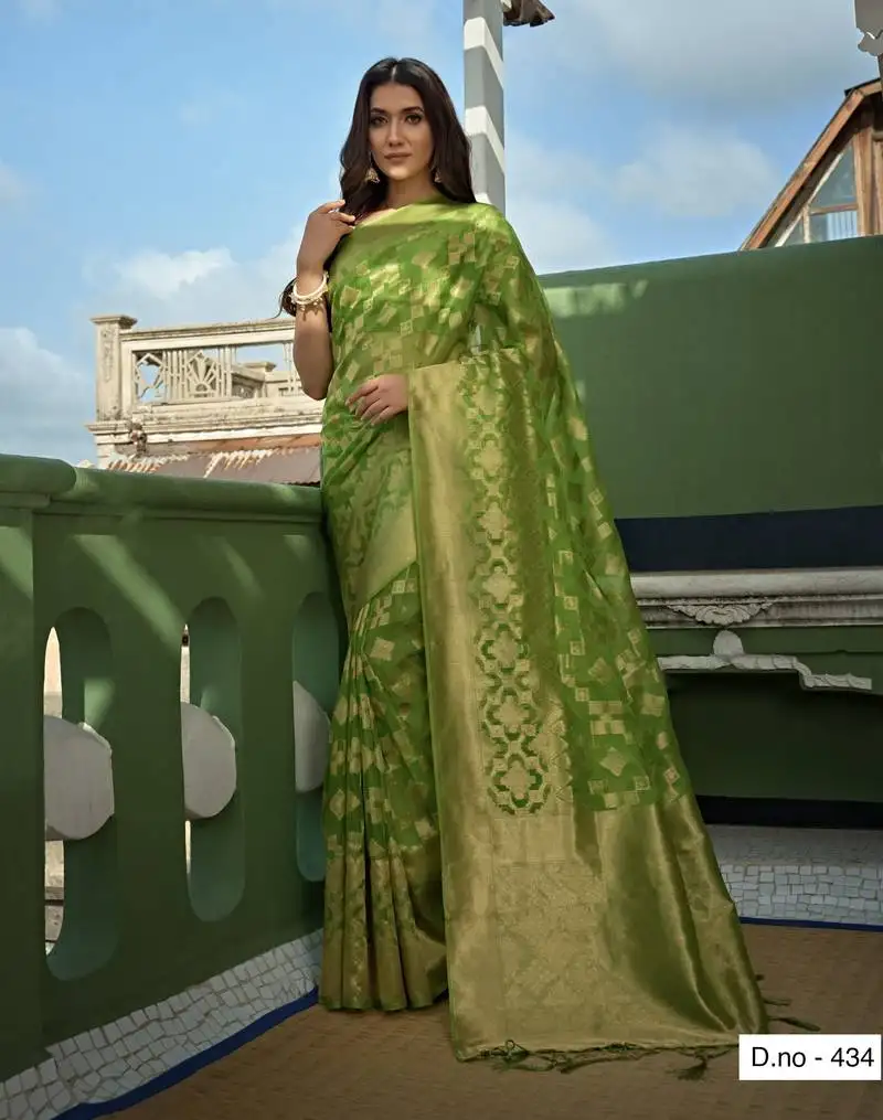Light green zari butti woven banarasi soft organza saree