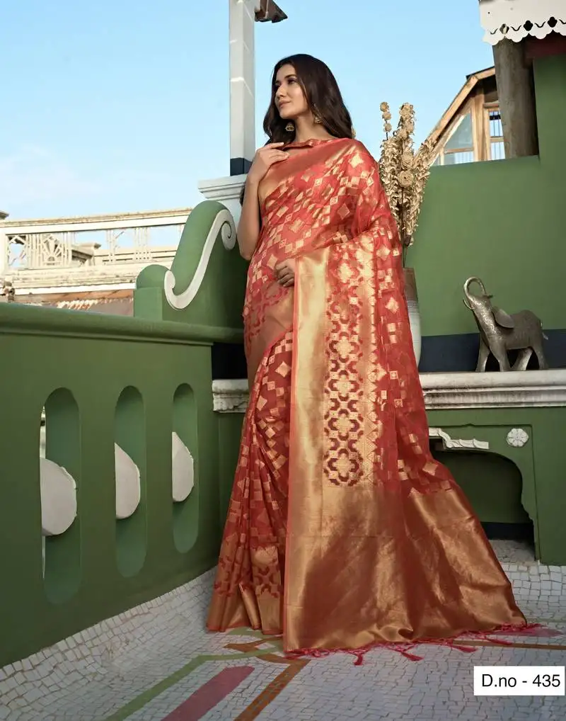 Peach zari butti woven banarasi soft organza saree