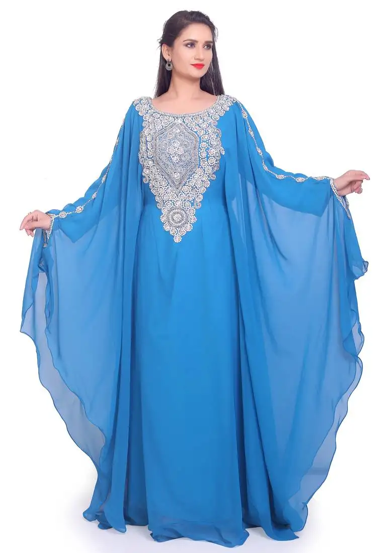 Sky blue stitched kaftan with heavy silver golden embroidery – party & wedding wear