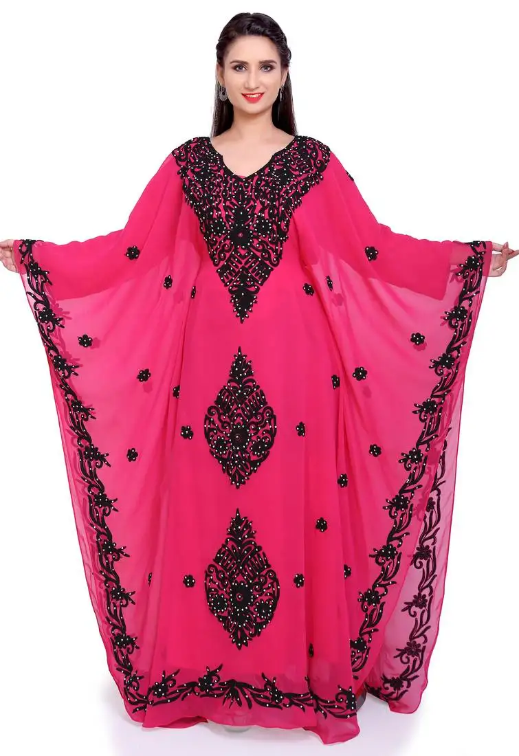 Royal hot pink stitched with black embroidered kaftan dress with borders– festive & party wear"