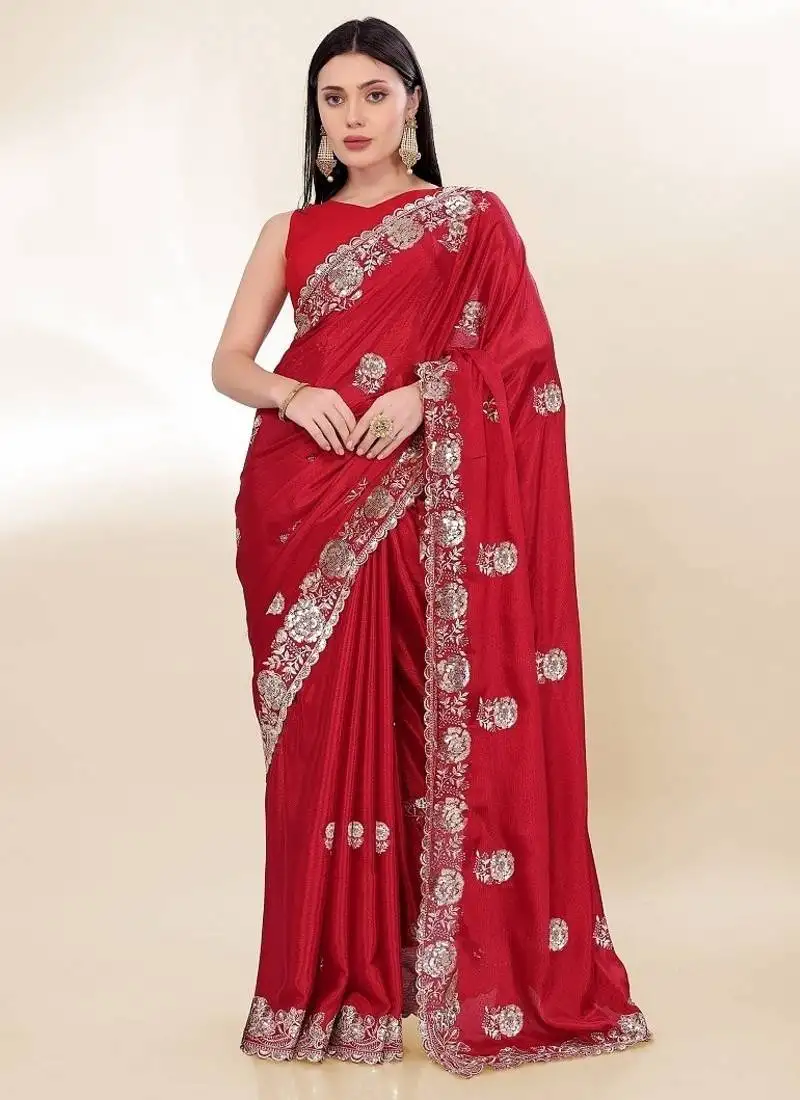 Red thread and sequins embroidered chinon-silk wedding saree