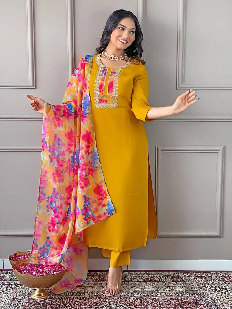 Women's rayon fabric straight kurta, pant and dupatta set