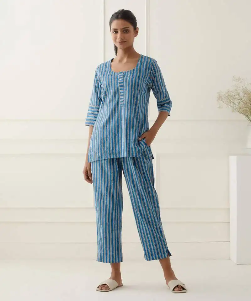Aqua blue cotton stripes printed kurta and pant