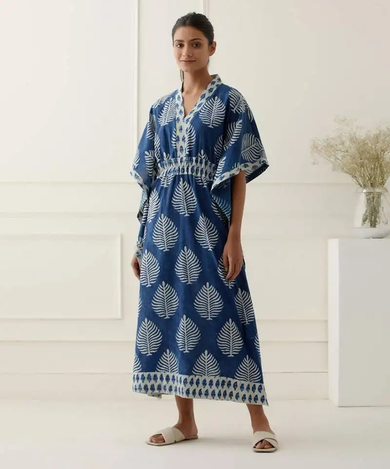 Navy blue cotton floral printed kaftan