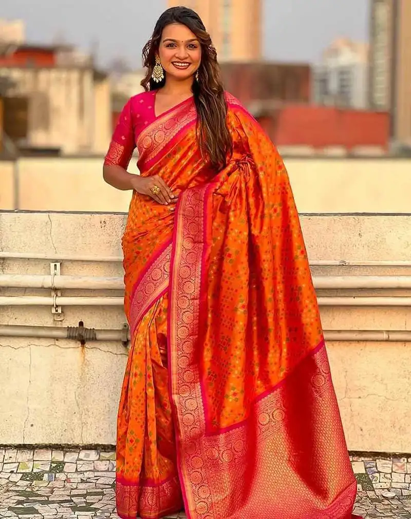 Orange silk blend saree with blouse