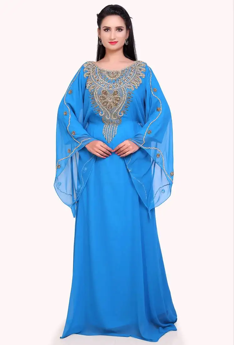 Sky blue stitched kaftan with golden handwork embroidery embellishment dresses