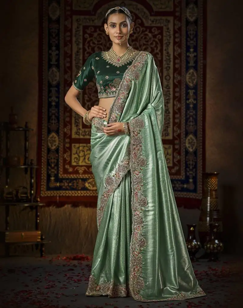 Seagreen silk blend blend wedding saree
