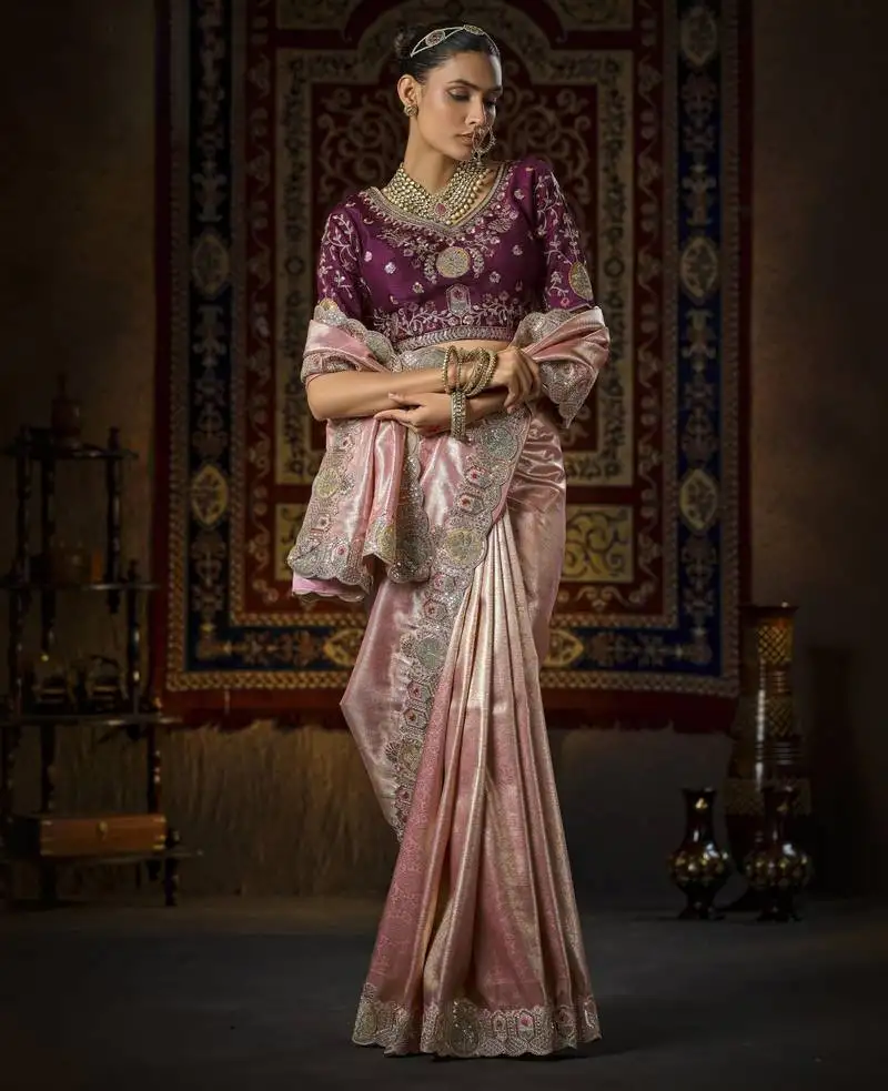 Pink silk blend blend wedding saree
