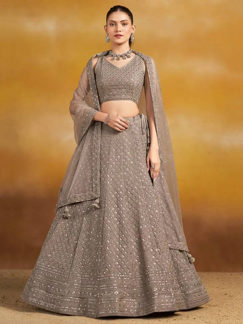Grey sequins and thread embroidered georgette engagement & wedding party wear indian lehenga dress