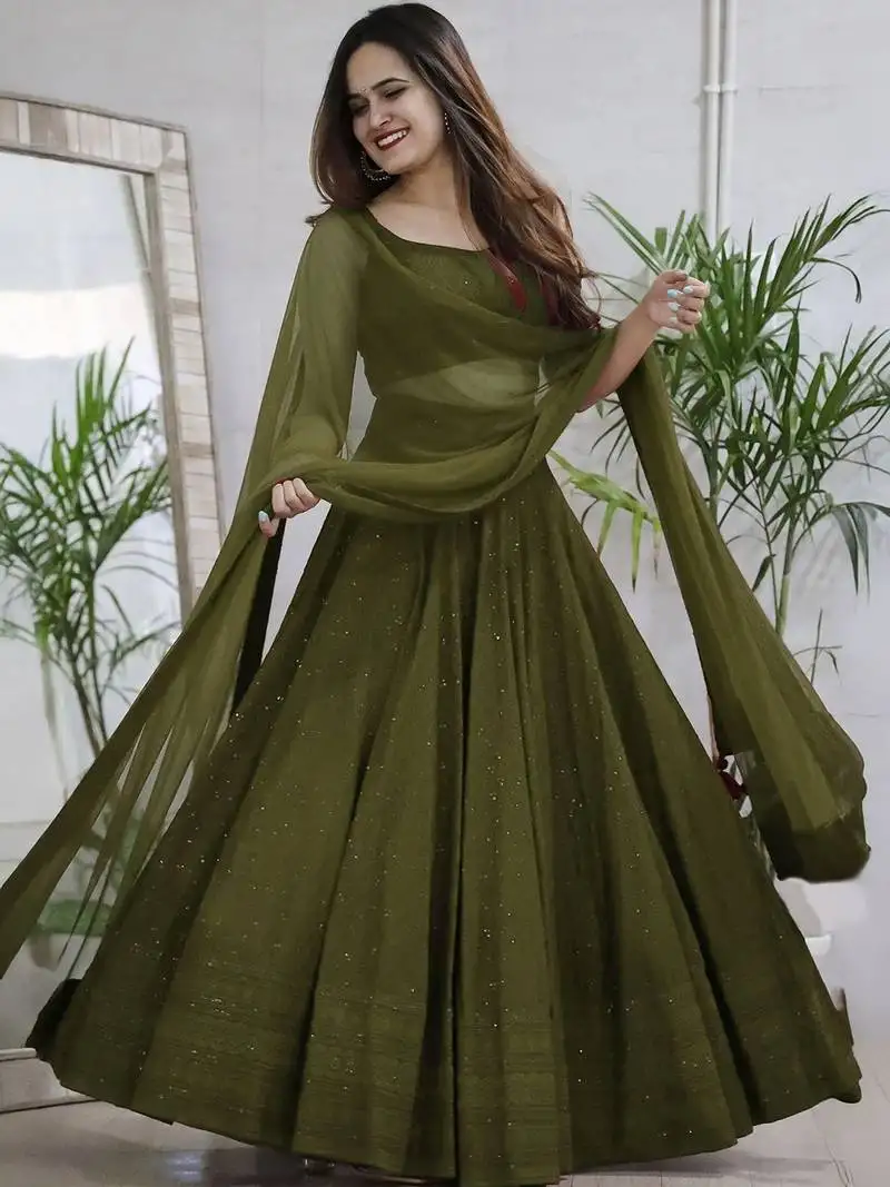 Fabulous mahendi green sequins and thread embroidered georgette reception indian wedding mahendi lehenga choli dress