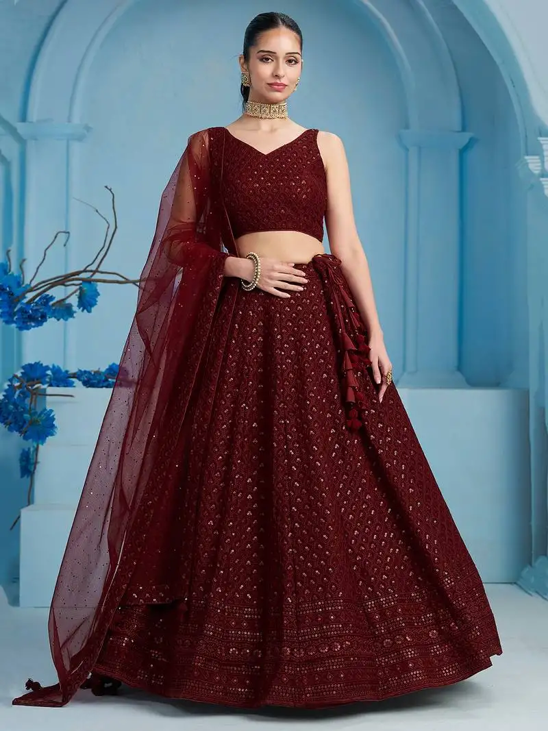 Fabulous maroon sequins and thread embroidered georgette reception wear indian wedding designer lehenga dress