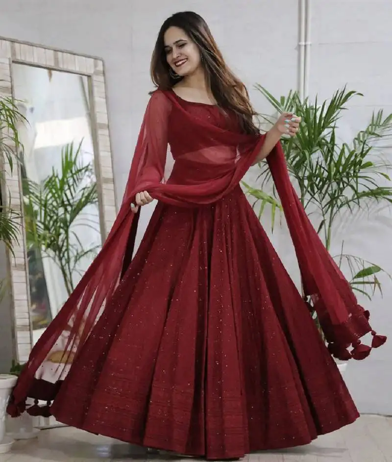 Fabulous maroon sequins and thread embroidered georgette fabric reception wear indian wedding designer lehenga dress
